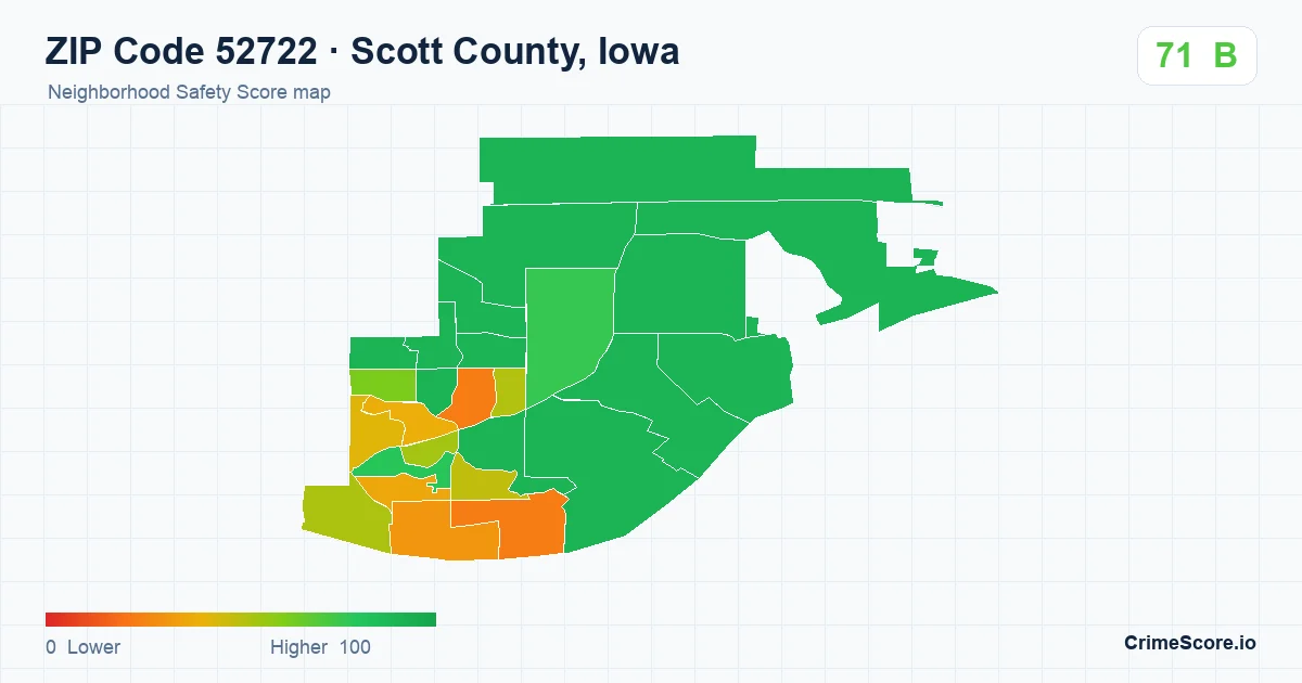 ZIP Code 52722 in Scott County, Iowa neighborhood Safety Score map