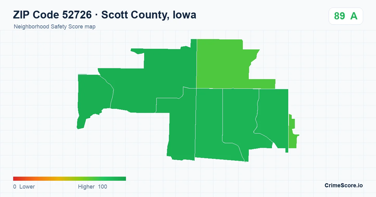 ZIP Code 52726 in Scott County, Iowa neighborhood Safety Score map