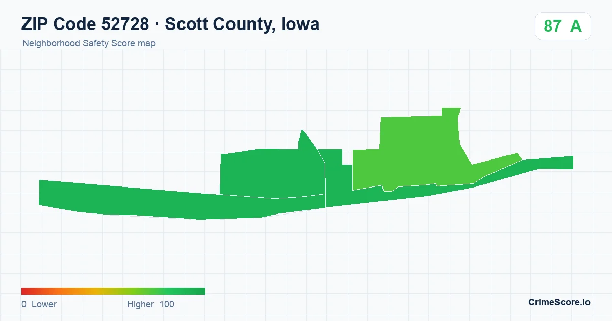 ZIP Code 52728 in Scott County, Iowa neighborhood Safety Score map