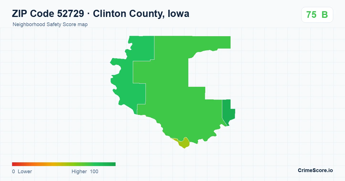 ZIP Code 52729 in Clinton County, Iowa neighborhood Safety Score map