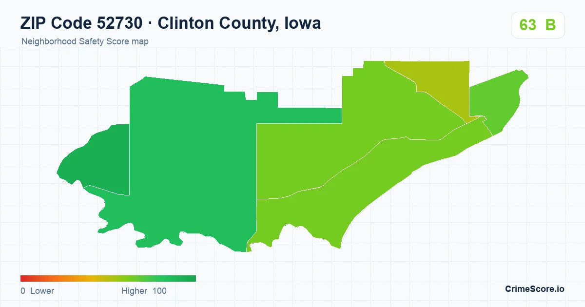 ZIP Code 52730 in Clinton County, Iowa neighborhood Safety Score map