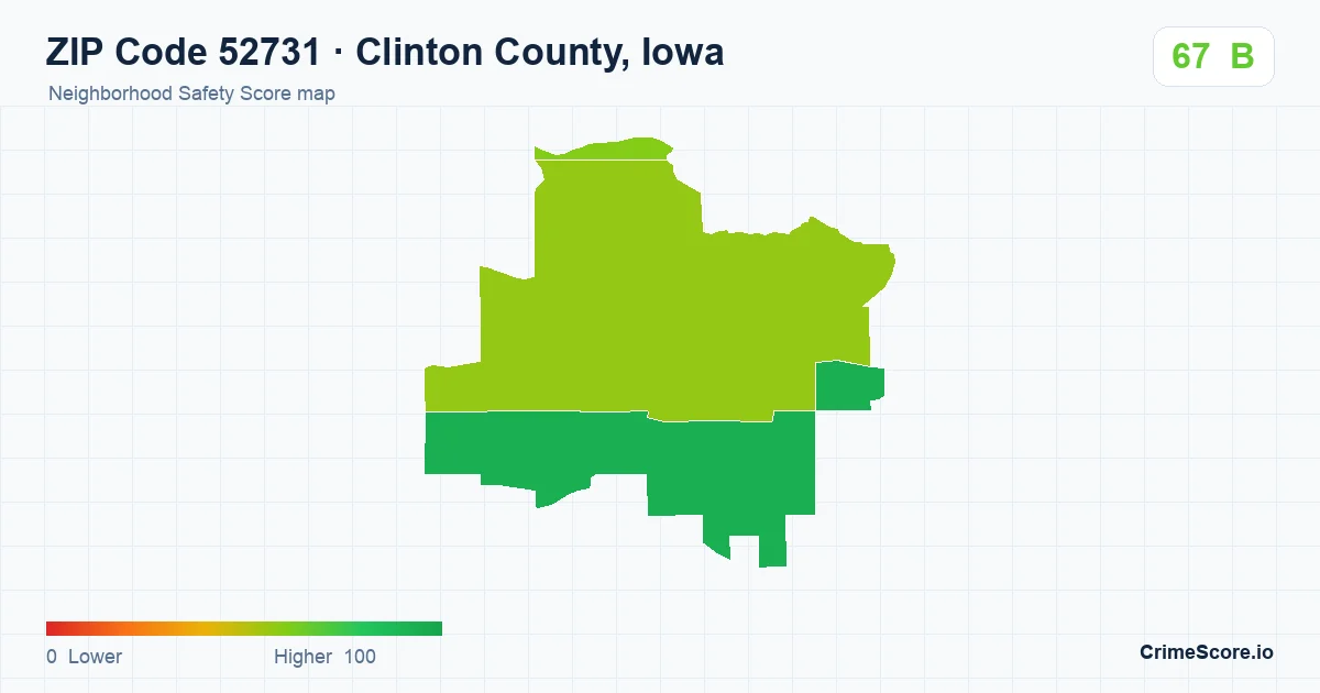 ZIP Code 52731 in Clinton County, Iowa neighborhood Safety Score map