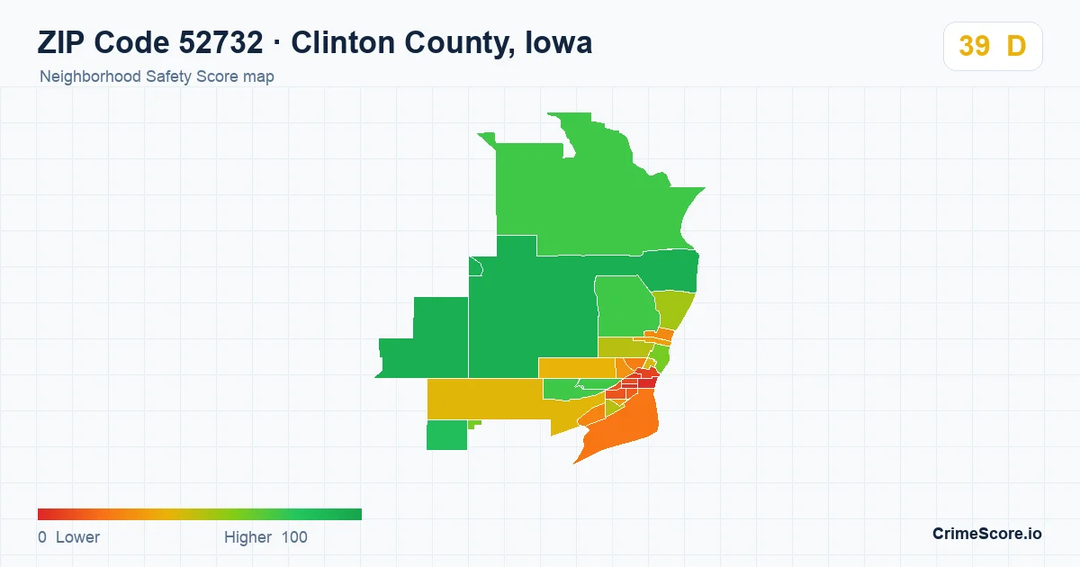 ZIP Code 52732 in Clinton County, Iowa neighborhood Safety Score map