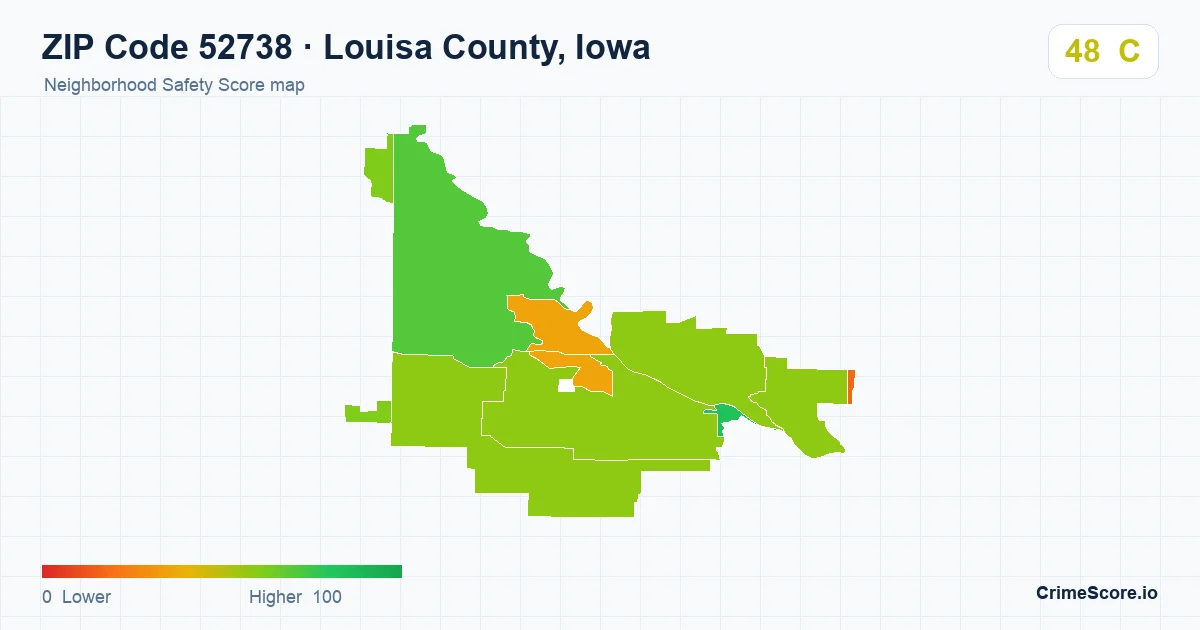 ZIP Code 52738 in Louisa County, Iowa neighborhood Safety Score map