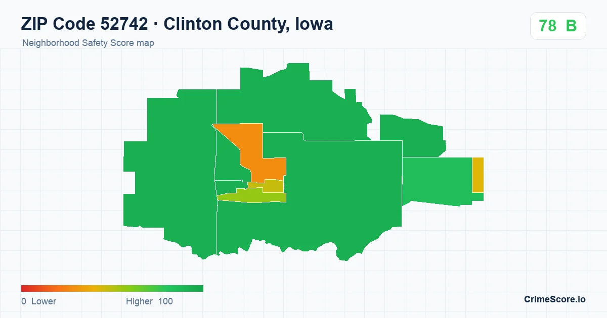 ZIP Code 52742 in Clinton County, Iowa neighborhood Safety Score map