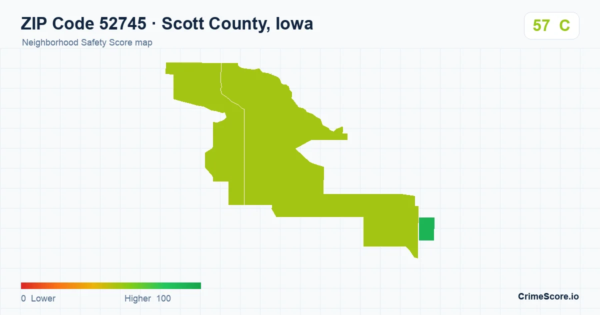 ZIP Code 52745 in Scott County, Iowa neighborhood Safety Score map