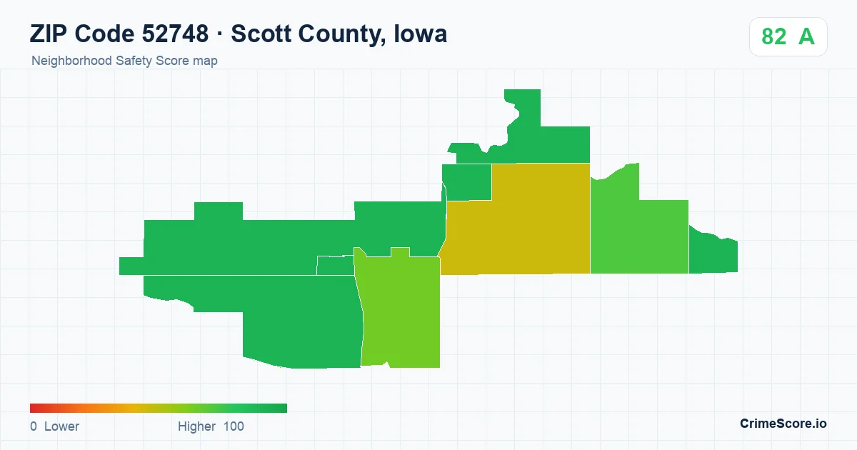 ZIP Code 52748 in Scott County, Iowa neighborhood Safety Score map