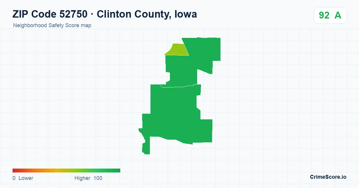 ZIP Code 52750 in Clinton County, Iowa neighborhood Safety Score map