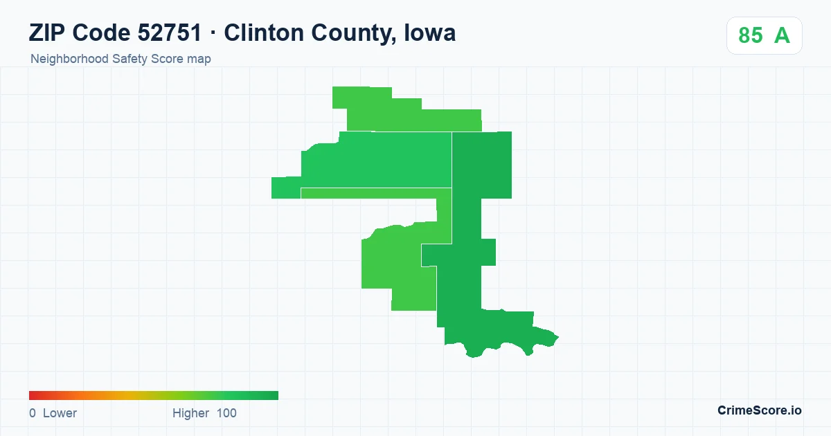 ZIP Code 52751 in Clinton County, Iowa neighborhood Safety Score map