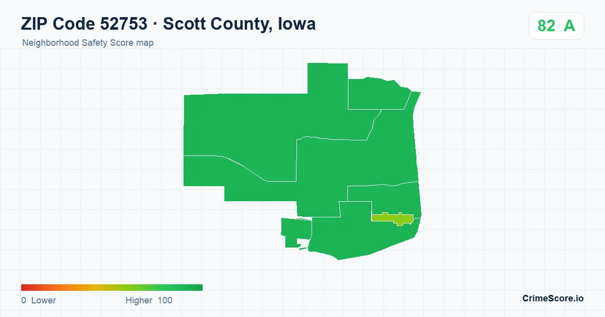 ZIP Code 52753 in Scott County, Iowa neighborhood Safety Score map