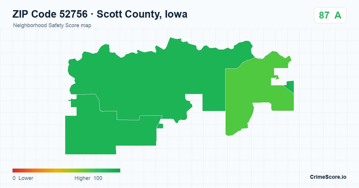 ZIP Code 52756 in Scott County, Iowa neighborhood Safety Score map