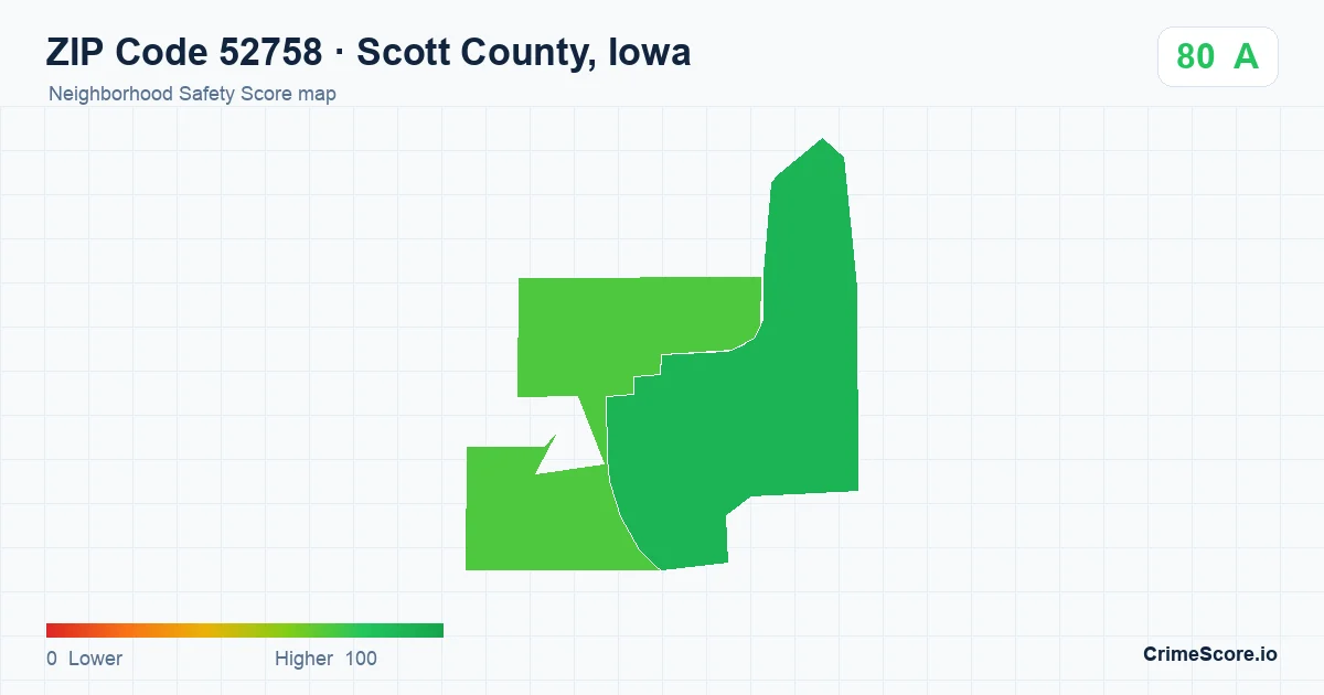 ZIP Code 52758 in Scott County, Iowa neighborhood Safety Score map