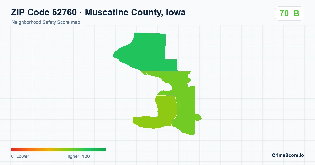 ZIP Code 52760 in Muscatine County, Iowa neighborhood Safety Score map