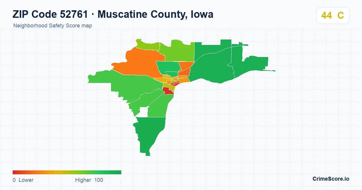 ZIP Code 52761 in Muscatine County, Iowa neighborhood Safety Score map