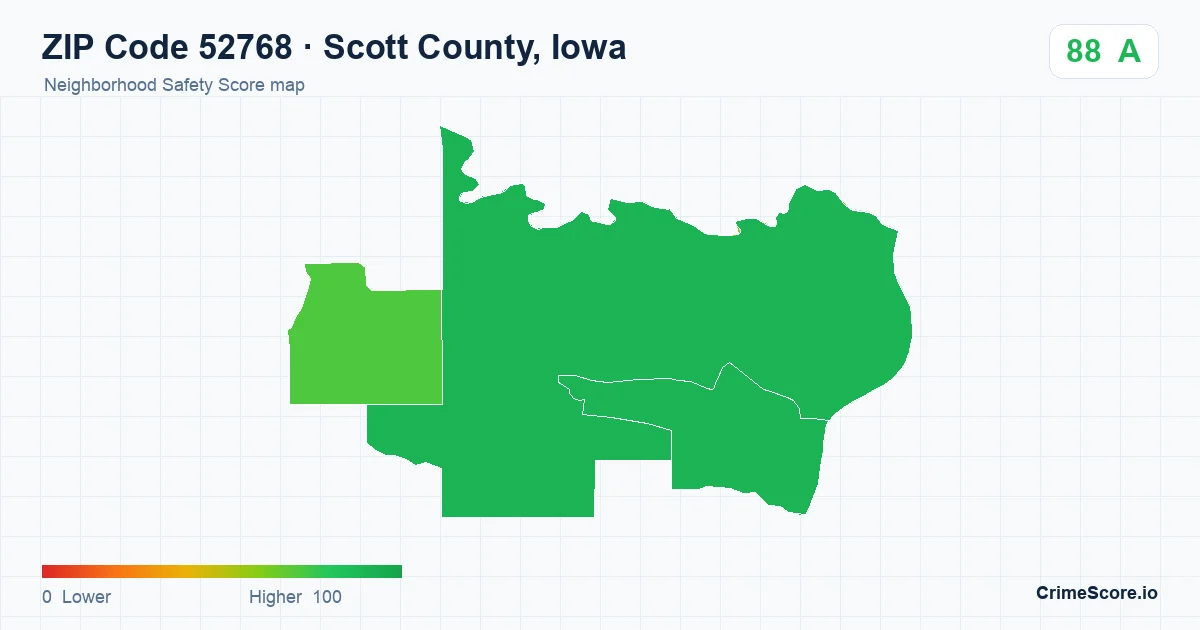 ZIP Code 52768 in Scott County, Iowa neighborhood Safety Score map