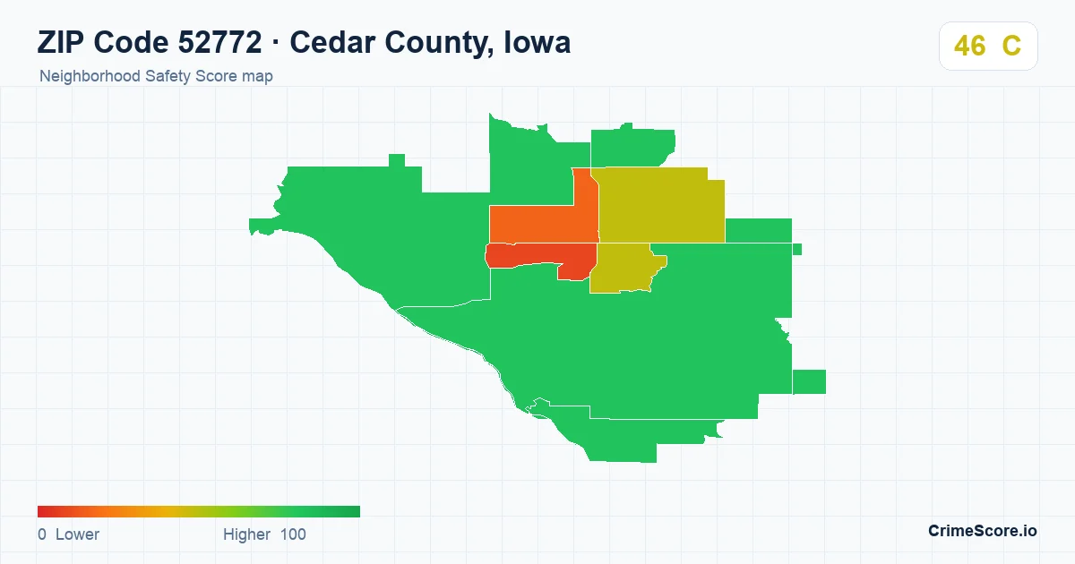 ZIP Code 52772 in Cedar County, Iowa neighborhood Safety Score map