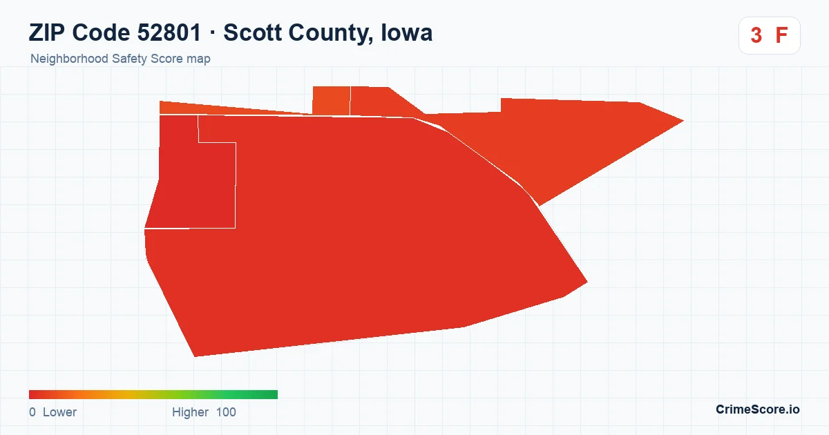 ZIP Code 52801 in Scott County, Iowa neighborhood Safety Score map