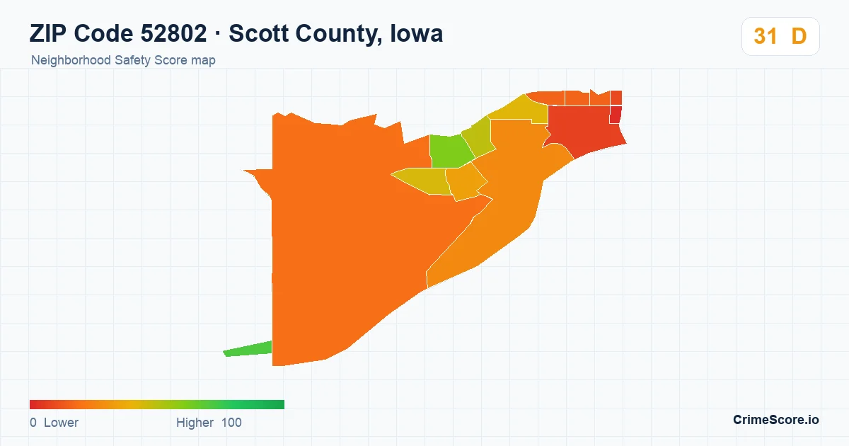 ZIP Code 52802 in Scott County, Iowa neighborhood Safety Score map