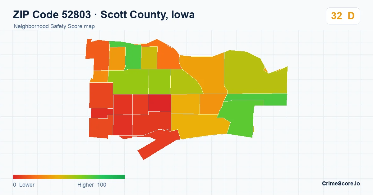 ZIP Code 52803 in Scott County, Iowa neighborhood Safety Score map