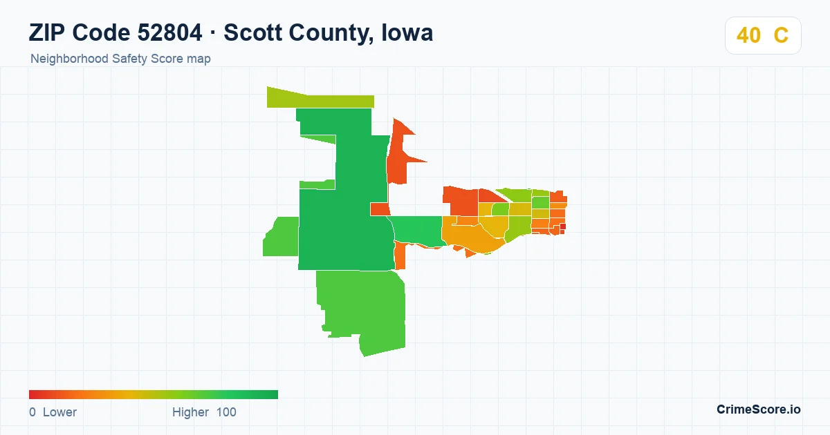 ZIP Code 52804 in Scott County, Iowa neighborhood Safety Score map