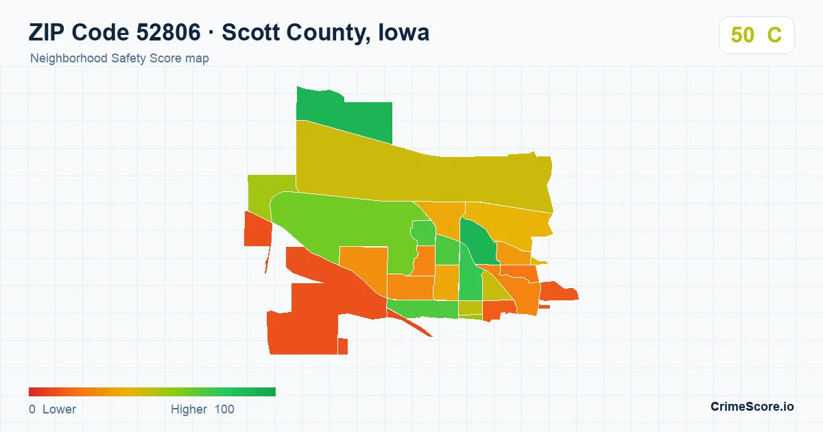 ZIP Code 52806 in Scott County, Iowa neighborhood Safety Score map