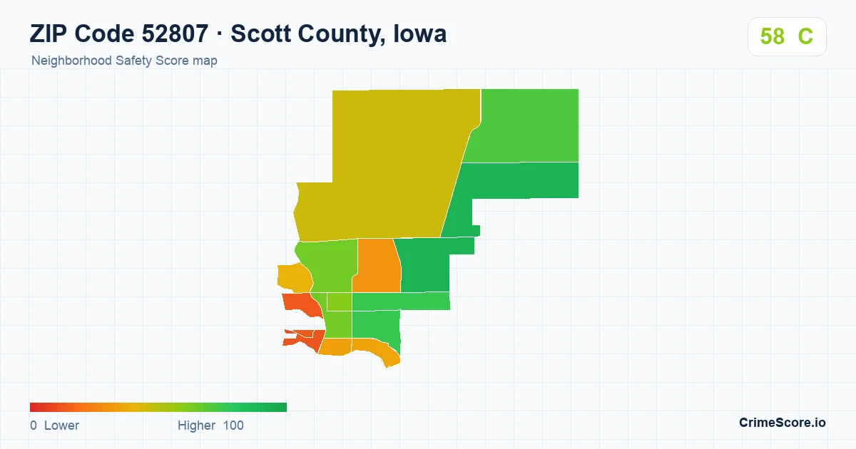 ZIP Code 52807 in Scott County, Iowa neighborhood Safety Score map