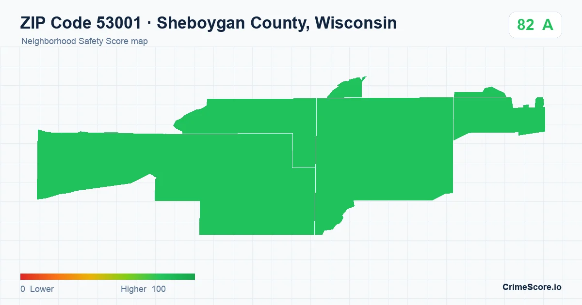 ZIP Code 53001 in Sheboygan County, Wisconsin neighborhood Safety Score map