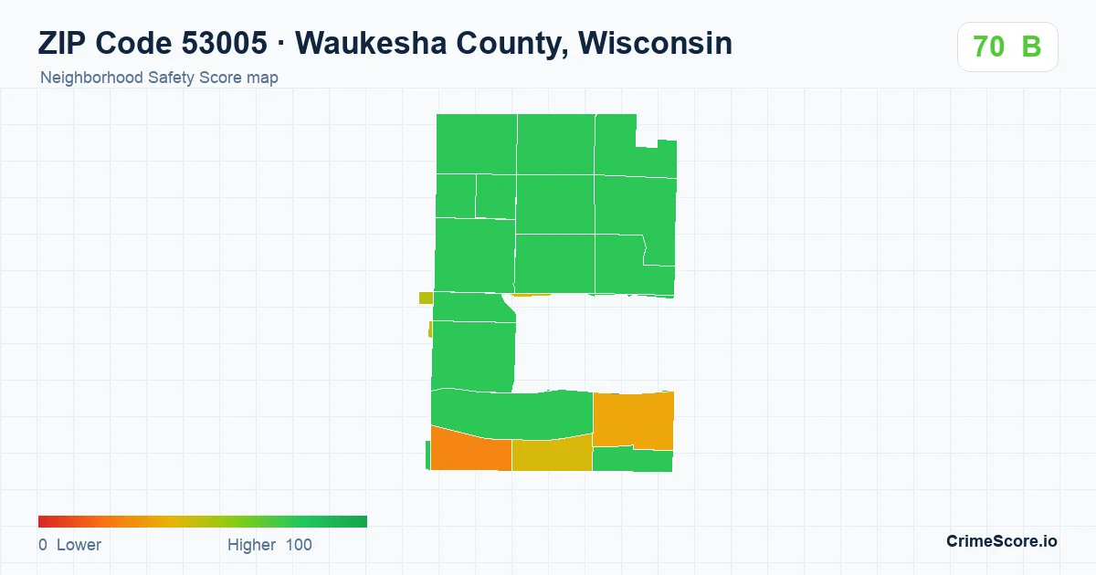 ZIP Code 53005 in Waukesha County, Wisconsin neighborhood Safety Score map