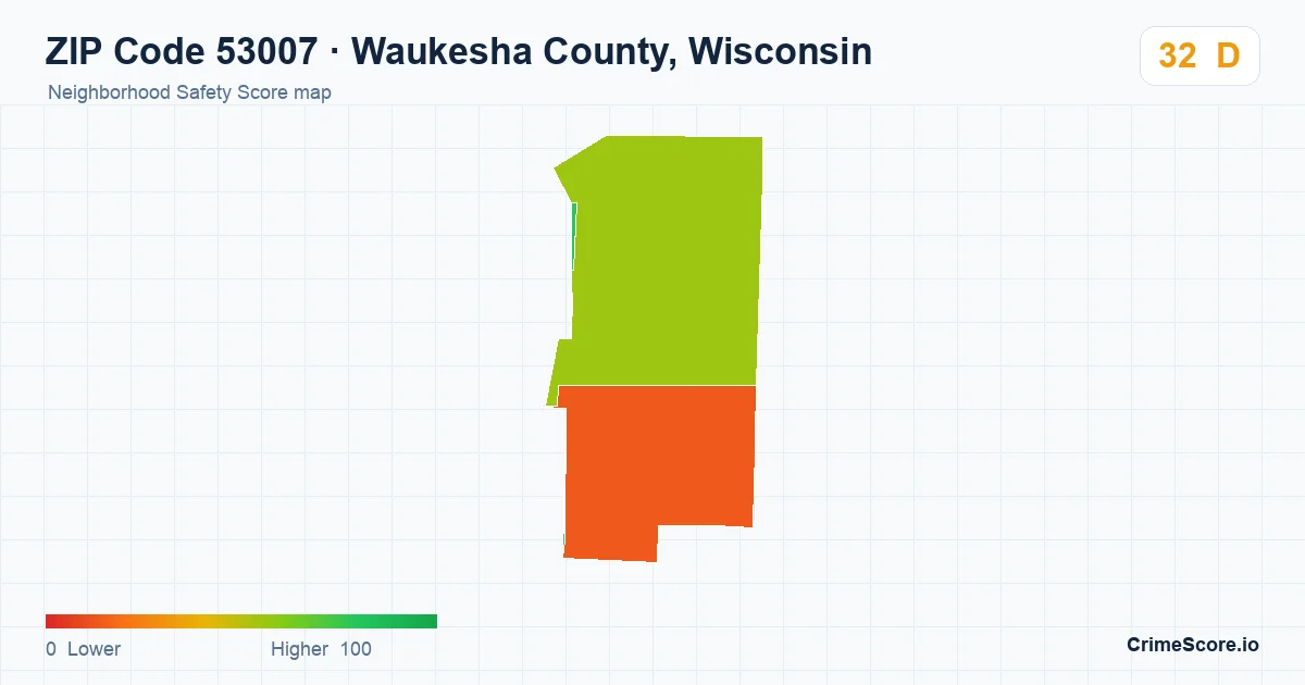 ZIP Code 53007 in Waukesha County, Wisconsin neighborhood Safety Score map