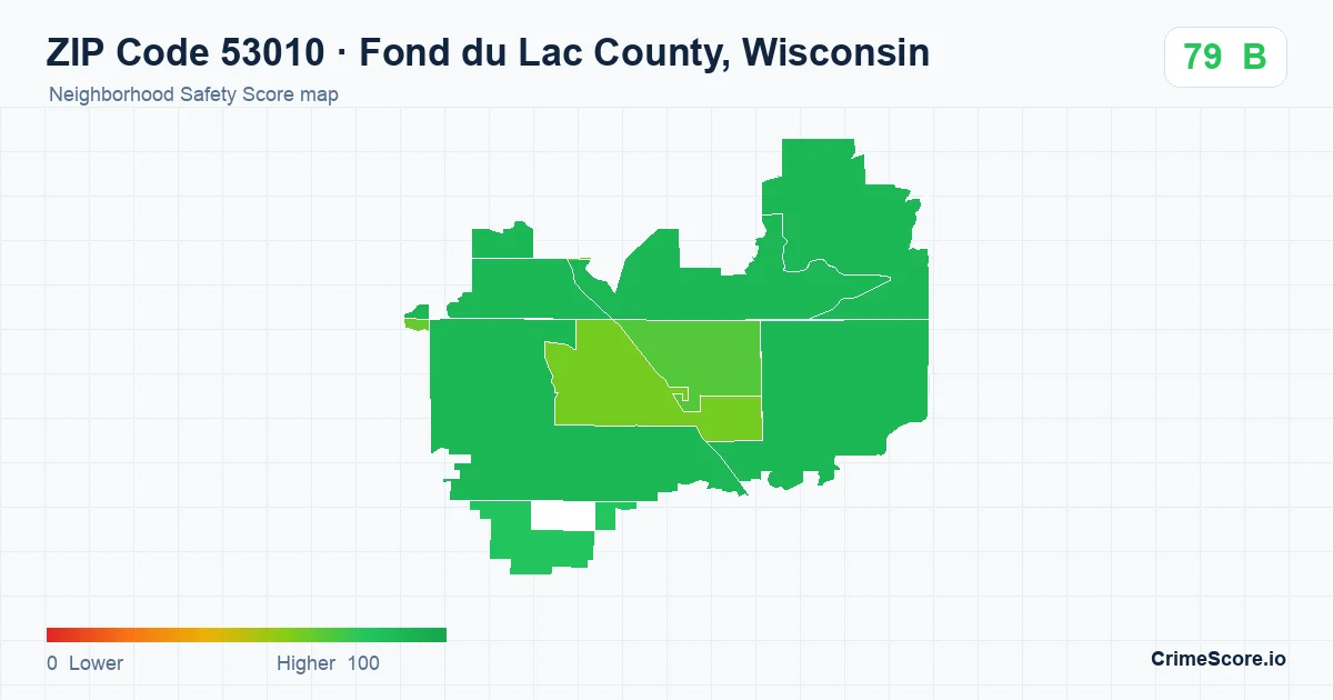 ZIP Code 53010 in Fond du Lac County, Wisconsin neighborhood Safety Score map