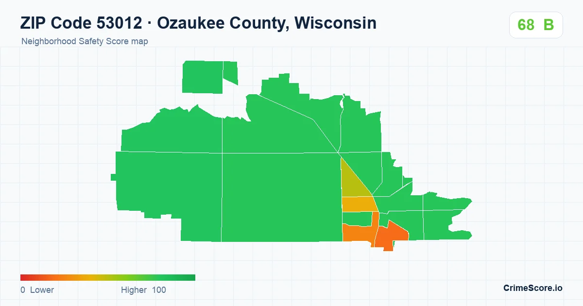 ZIP Code 53012 in Ozaukee County, Wisconsin neighborhood Safety Score map