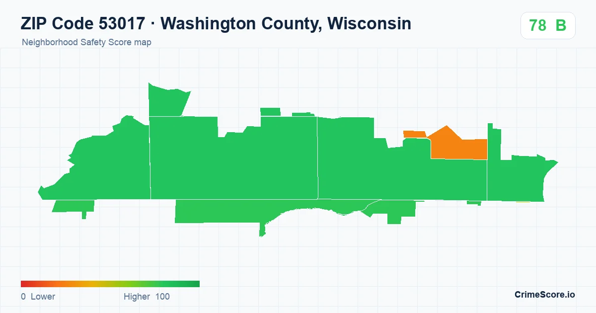 ZIP Code 53017 in Washington County, Wisconsin neighborhood Safety Score map