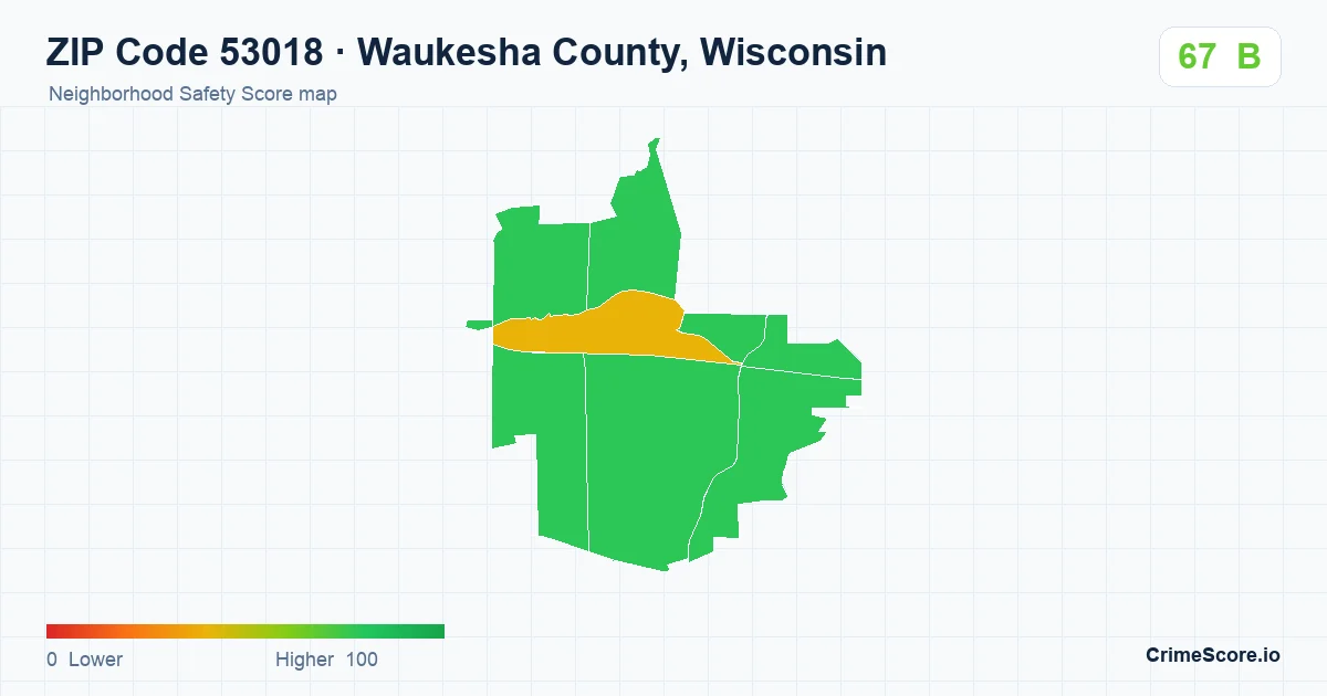 ZIP Code 53018 in Waukesha County, Wisconsin neighborhood Safety Score map