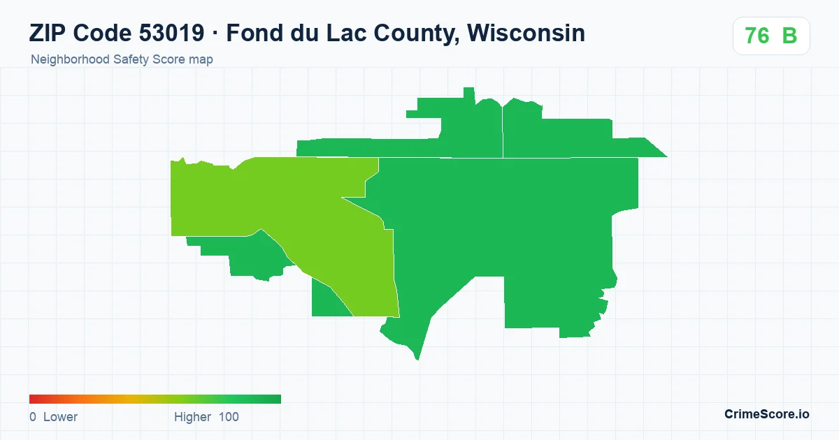 ZIP Code 53019 in Fond du Lac County, Wisconsin neighborhood Safety Score map
