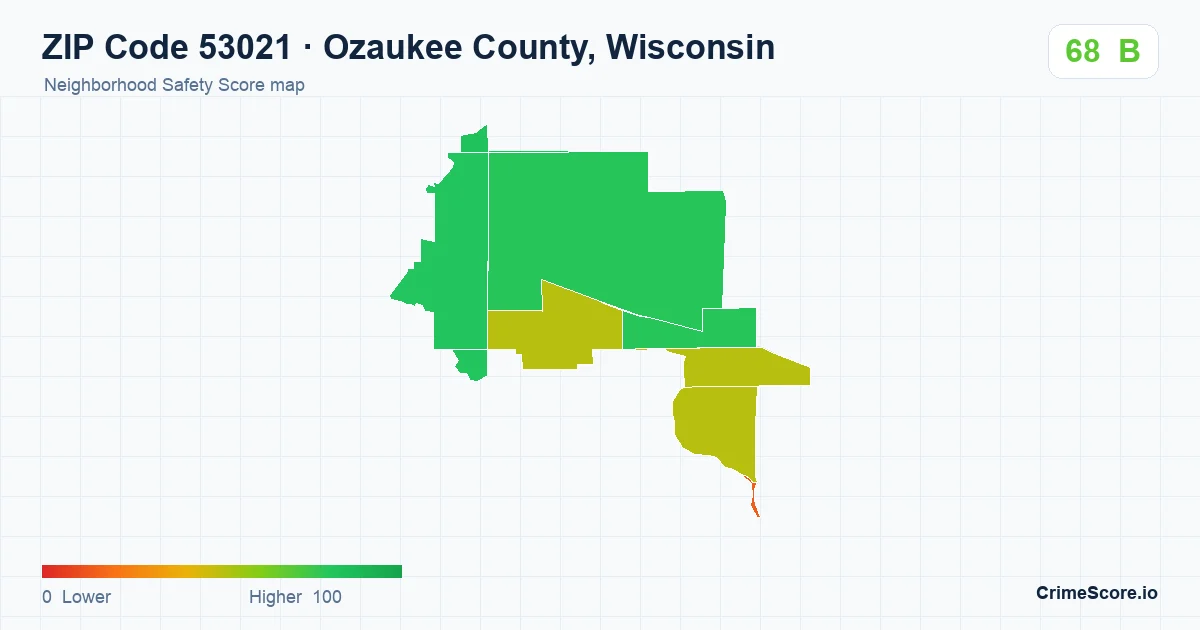 ZIP Code 53021 in Ozaukee County, Wisconsin neighborhood Safety Score map