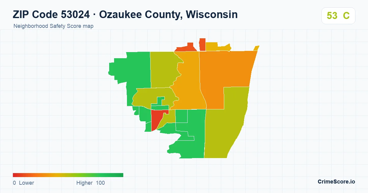 ZIP Code 53024 in Ozaukee County, Wisconsin neighborhood Safety Score map