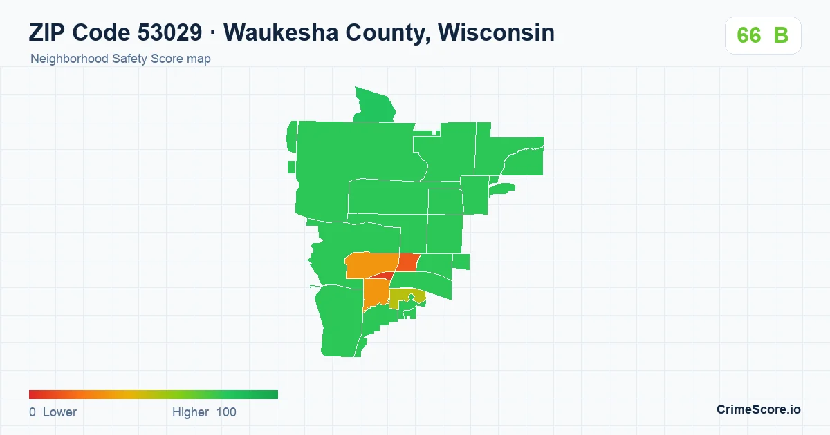 ZIP Code 53029 in Waukesha County, Wisconsin neighborhood Safety Score map