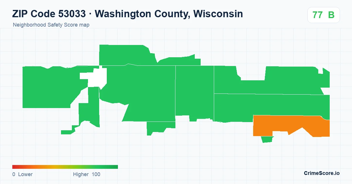 ZIP Code 53033 in Washington County, Wisconsin neighborhood Safety Score map