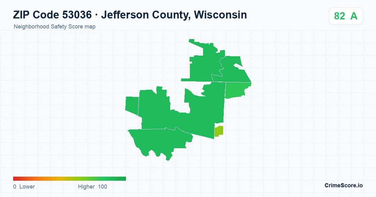 ZIP Code 53036 in Jefferson County, Wisconsin neighborhood Safety Score map
