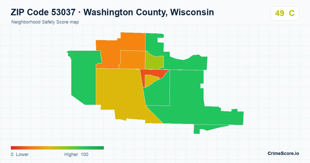 ZIP Code 53037 in Washington County, Wisconsin neighborhood Safety Score map