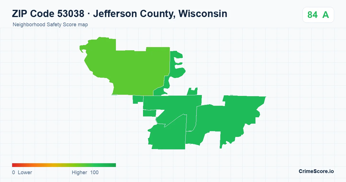 ZIP Code 53038 in Jefferson County, Wisconsin neighborhood Safety Score map