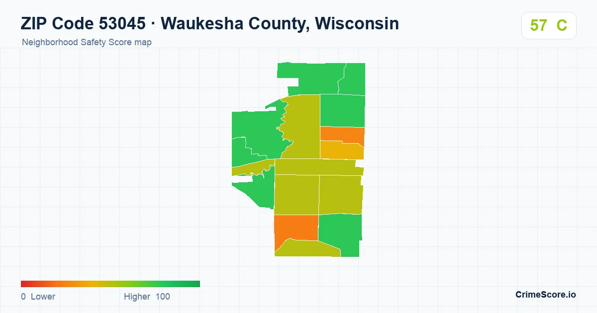 ZIP Code 53045 in Waukesha County, Wisconsin neighborhood Safety Score map