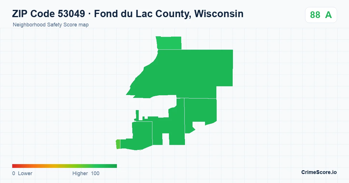 ZIP Code 53049 in Fond du Lac County, Wisconsin neighborhood Safety Score map