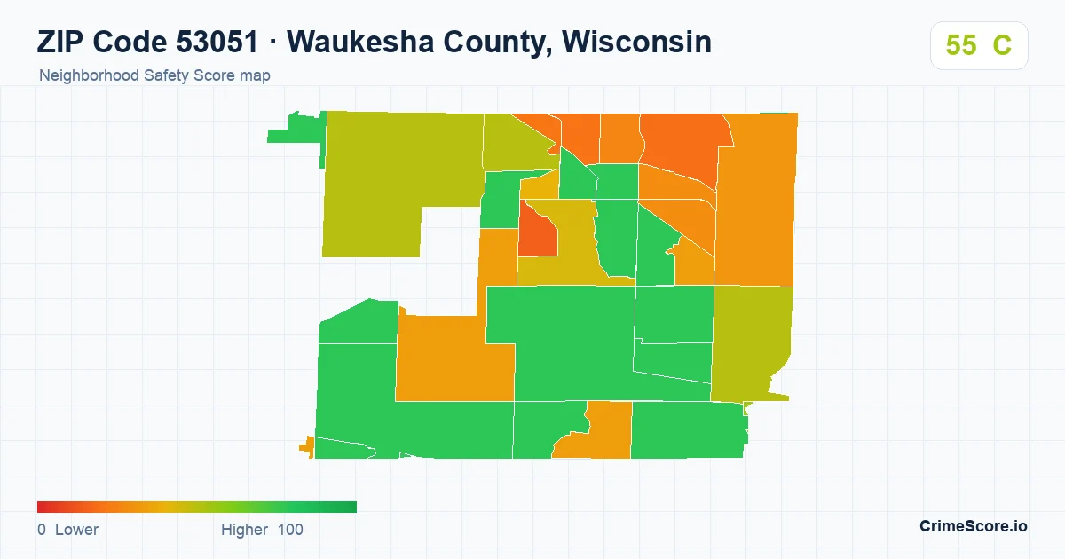 ZIP Code 53051 in Waukesha County, Wisconsin neighborhood Safety Score map