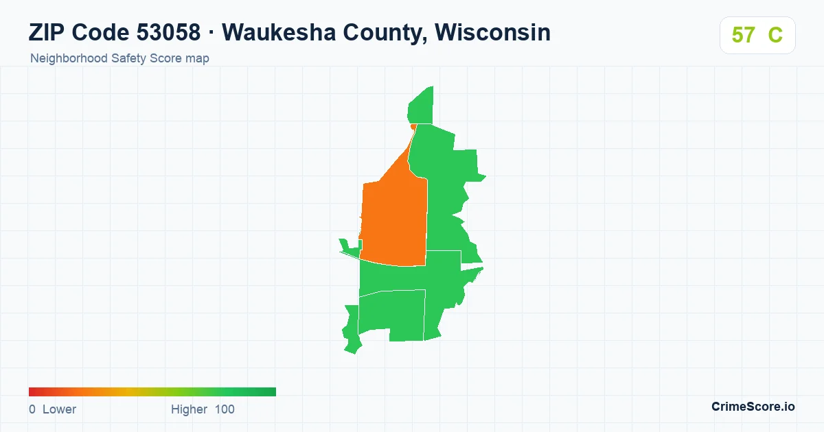 ZIP Code 53058 in Waukesha County, Wisconsin neighborhood Safety Score map