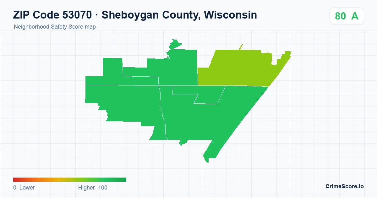 ZIP Code 53070 in Sheboygan County, Wisconsin neighborhood Safety Score map