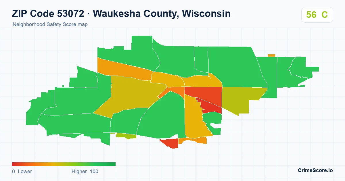 ZIP Code 53072 in Waukesha County, Wisconsin neighborhood Safety Score map