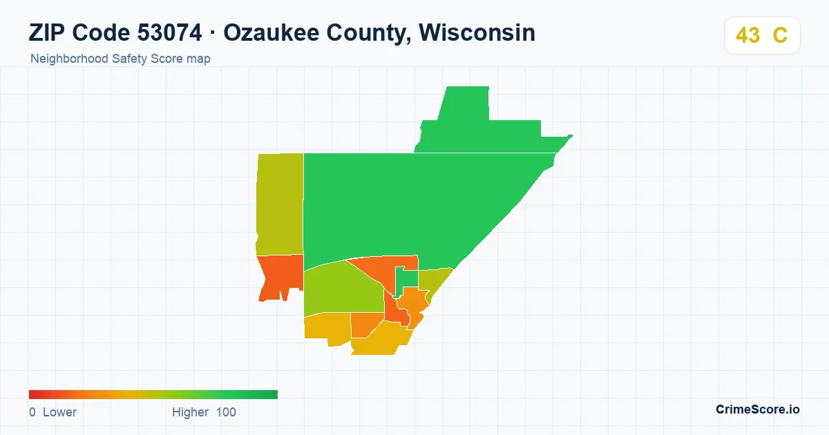 ZIP Code 53074 in Ozaukee County, Wisconsin neighborhood Safety Score map