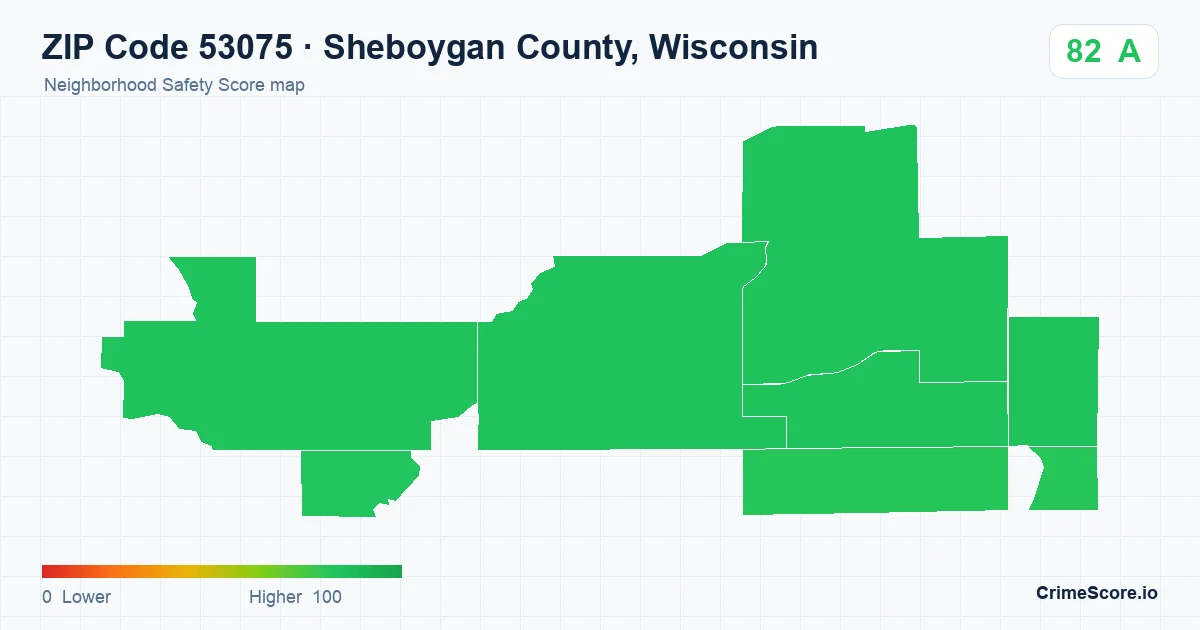 ZIP Code 53075 in Sheboygan County, Wisconsin neighborhood Safety Score map