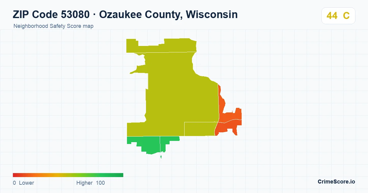 ZIP Code 53080 in Ozaukee County, Wisconsin neighborhood Safety Score map
